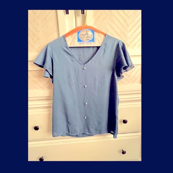 Blue V neck with Pearl Detail and Frilly Short Sleeves - Picture 1 of 2